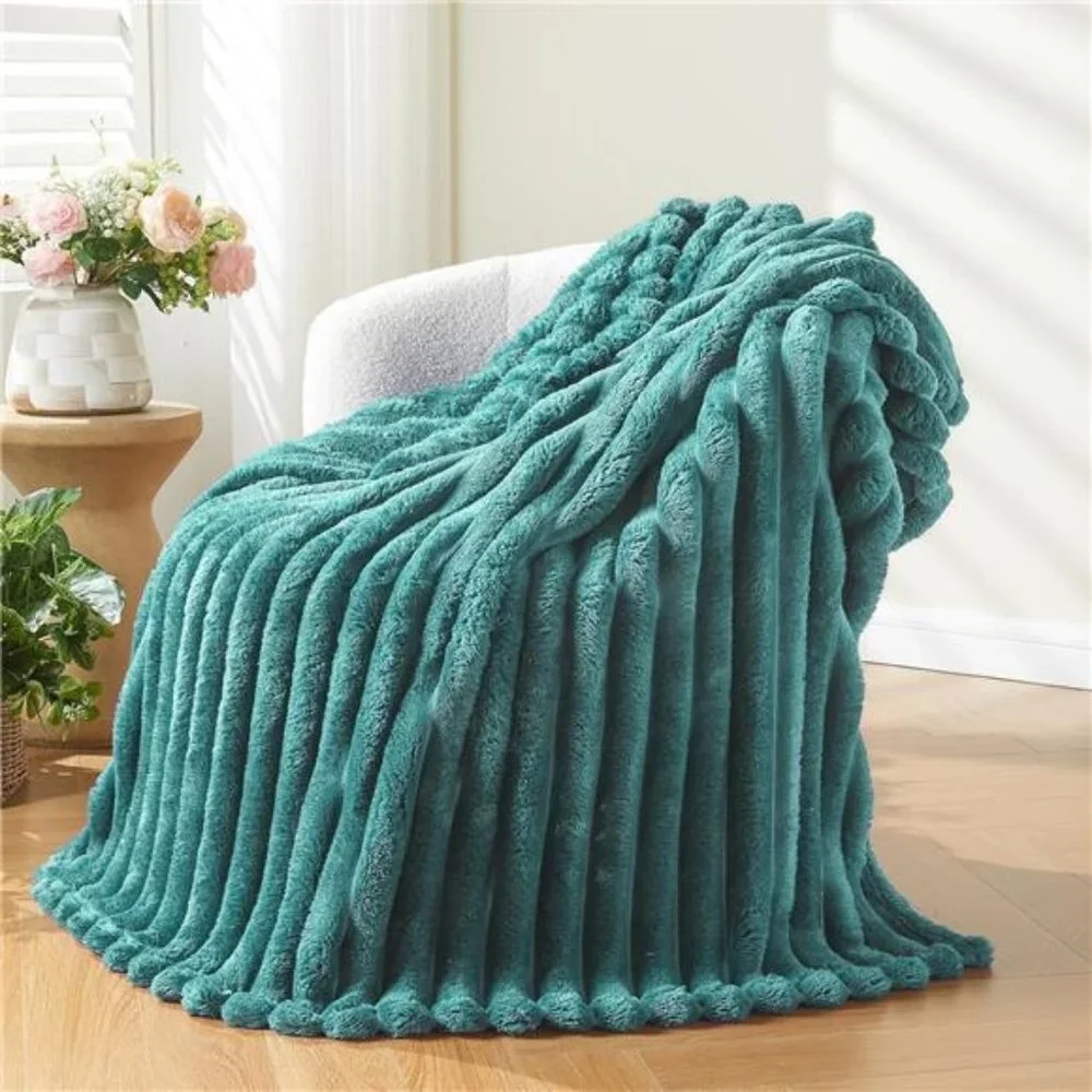 Super Soft Throw Blanket Light Teal Ribbed Premium Silky Flannel Fleece 50